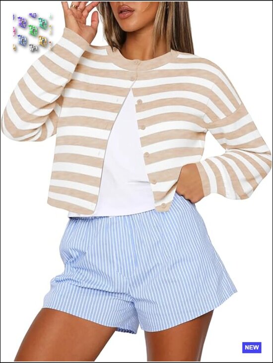 Sweaters - Cropped Cardigan Sweater Crew Neck Long Sleeve Button Up Lightweight Knit